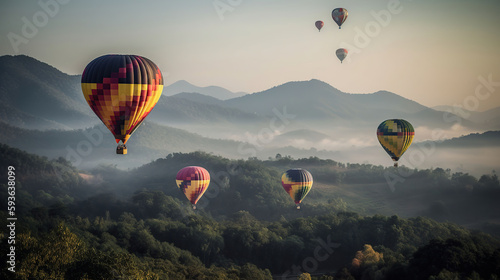 Colorful hot air balloons flying above high mountain at sunrise with beautiful sky background, generative ai