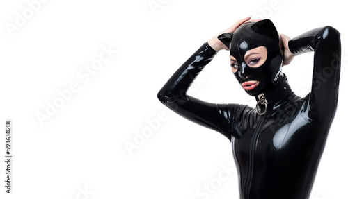 Beautiful Woman in Latex Catsuit with Mask and Collar