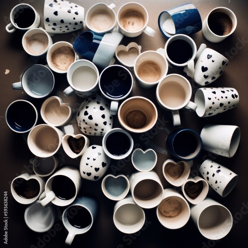 A large-scale, highly detailed stockphoto of white coffee cups with hearts, perfect for projects highlighting love, connection, and the beauty of coffee, blending caffenol 