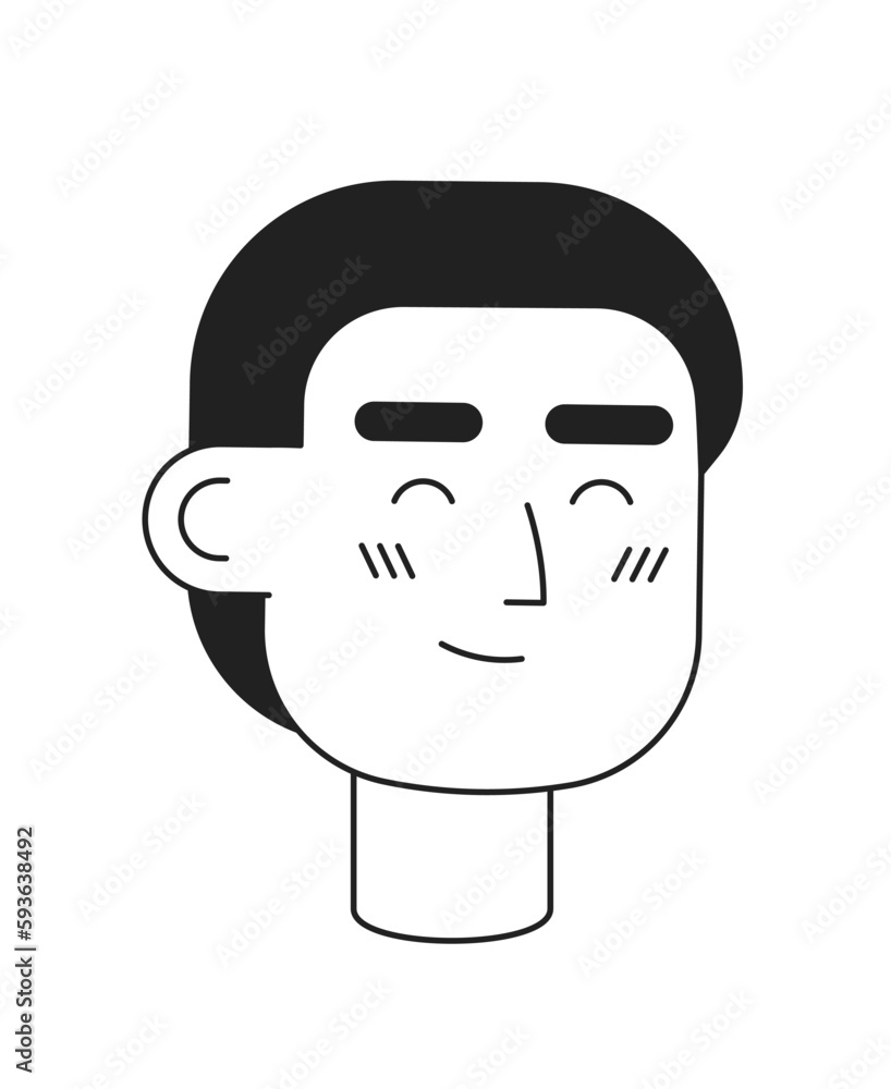Excited short hair man with closed eyes monochromatic flat vector character head. Editable black white cartoon face emotion. Hand drawn lineart ink spot illustration for web graphic design, animation Excited short hair man with closed eyes monochromatic flat vector character head. Editable black white cartoon face emotion. Hand drawn lineart ink spot illustration for web graphic design, animation