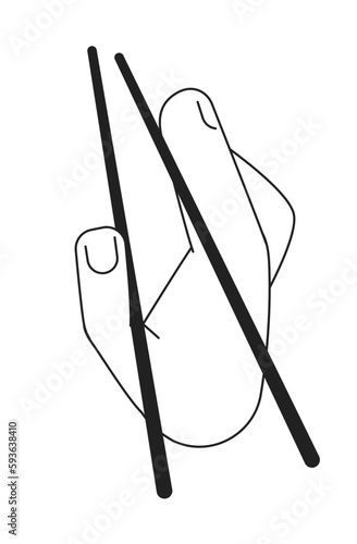 Properly holding chopsticks monochromatic flat vector first view hand. Use hashi right handed correct. Editable thin line icon on white. Simple bw cartoon spot image for web graphic design, animation