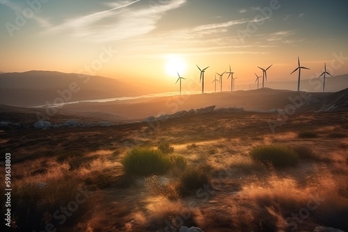 Wind turbines in the mountains at sunset, Created with generative AI © Martin