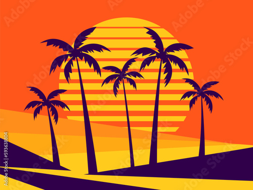 Palm trees on a retro sunset background. Tropical palm trees against the backdrop of a futuristic sunset. Design for promotional products, banner and poster. Vector illustration