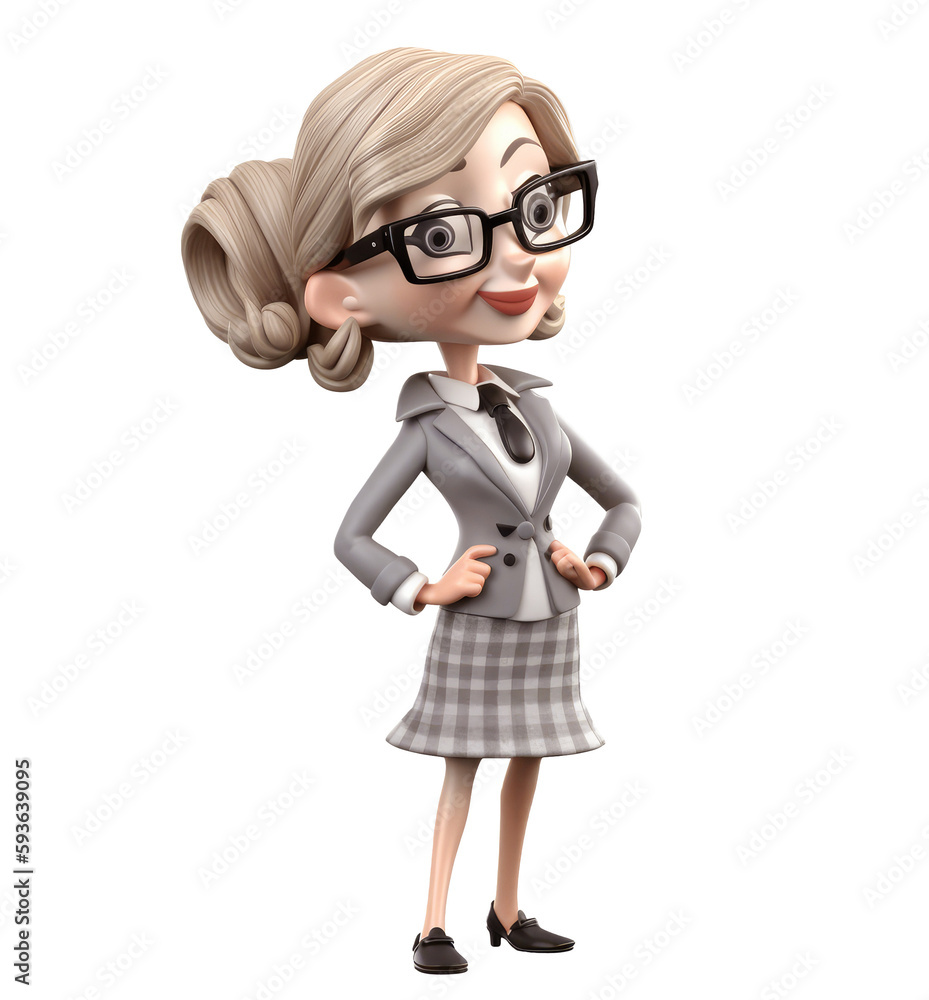 3d icon cute Young smiling business woman or office worker stands and holds work documents folder. people character illustration. Cartoon minimal style on Isolated Transparent png background. Generati