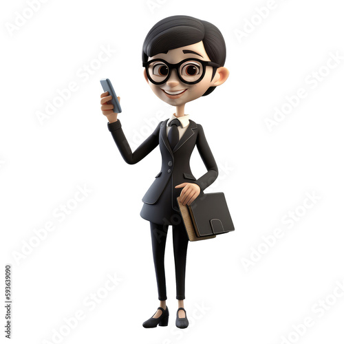 3d icon cute Young smiling business woman with phone in hand or office worker stands and holds work documents folder. people character illustration. Cartoon minimal style on Isolated Transparent png b