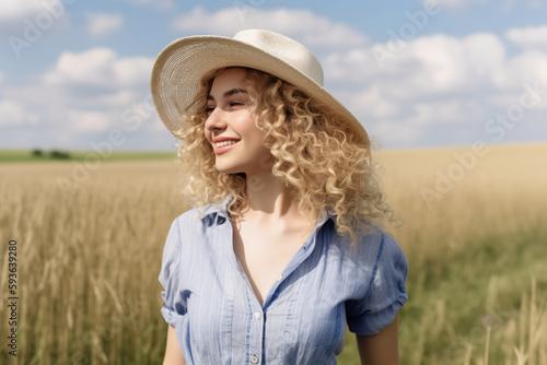 Beautiful blond curly hair girl in summer country clothes in the country. The girl is walking through a field and smiling. Human and nature concept. Generative AI