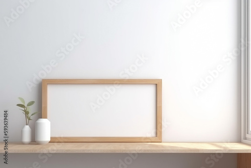 Vertical wooden frame inside a modern interior. Mockup, interior design. Generative AI