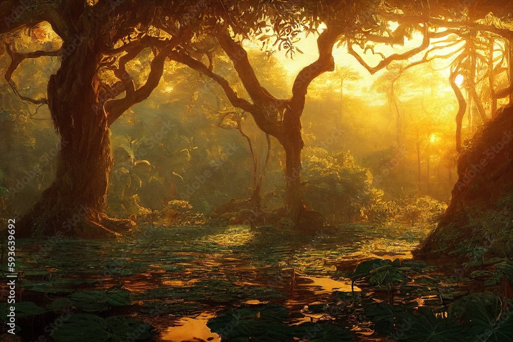 Fototapeta premium Dreamy summer sunset in jungle forest with warm daylight vintage oil painting landscape luscious green plants water pond lake river with nobody made with generative ai