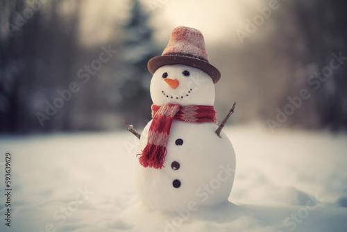 A cute snowman in the winter outside. Children illustration. Generative AI © Mihai Zaharia