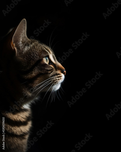 Beautiful close-up cat contrast side lighting side-view stylish portrait with black background and empty place for text, created with Generative AI technology