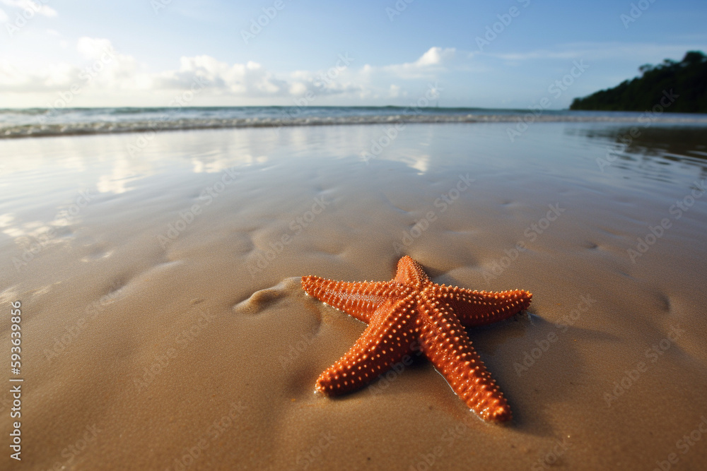 Beautiful tropical beach with a starfish. Conceptual summer illustration. Generative AI Beautiful tropical beach with a starfish. Conceptual summer illustration. Generative AI