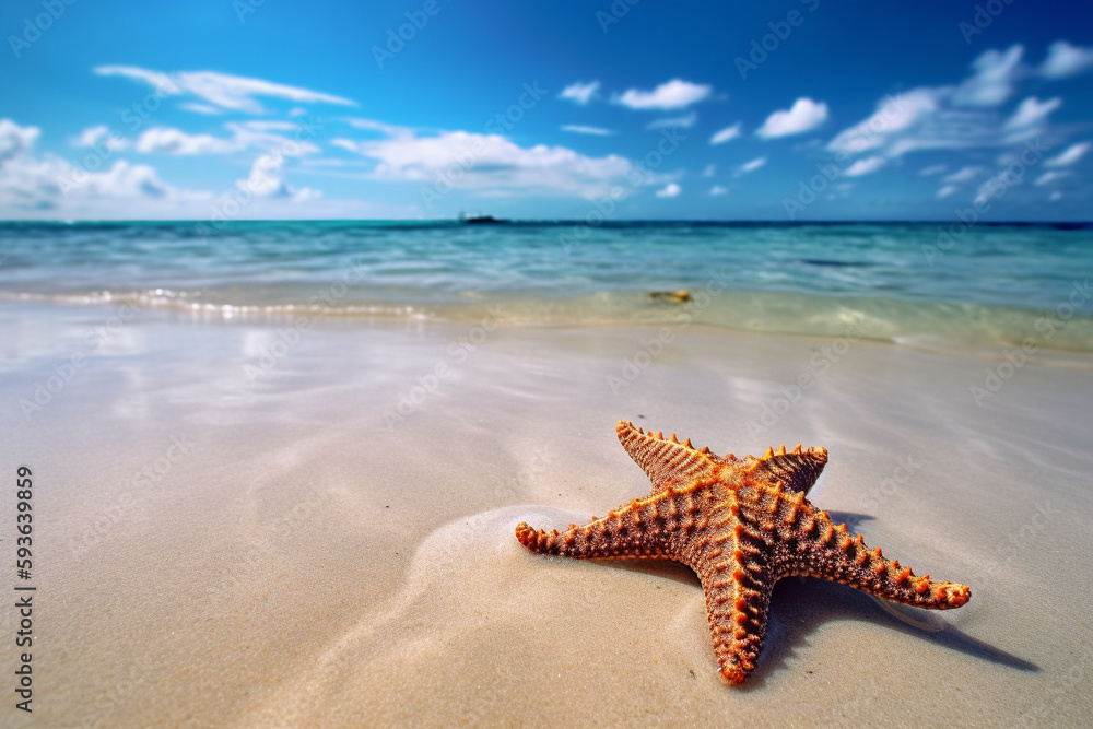 Beautiful tropical beach with a starfish. Conceptual summer illustration. Generative AI Beautiful tropical beach with a starfish. Conceptual summer illustration. Generative AI