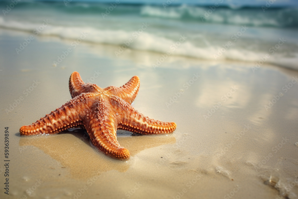 Beautiful tropical beach with a starfish. Conceptual summer illustration. Generative AI Beautiful tropical beach with a starfish. Conceptual summer illustration. Generative AI