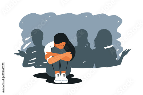 Social phobia, anxiety disorder consept. Sad woman struggle with loneliness and solitude in crowd. Outcast. Vector illustration.