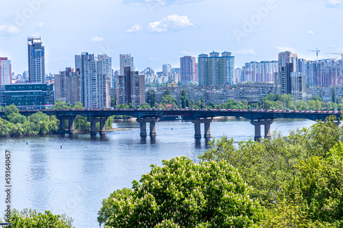 Panoramic view of left bank of Dnypro river and Paton bridge in Kyiv, Ukraine on May 16, 2021. 