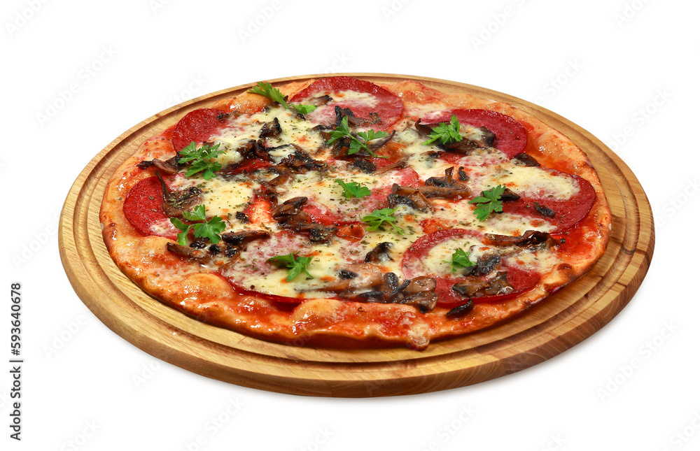 Delicious pizza with salami and mushrooms