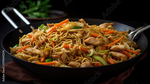 Chow Mein, Fried noodles with chicken and vegetables, generative ai
