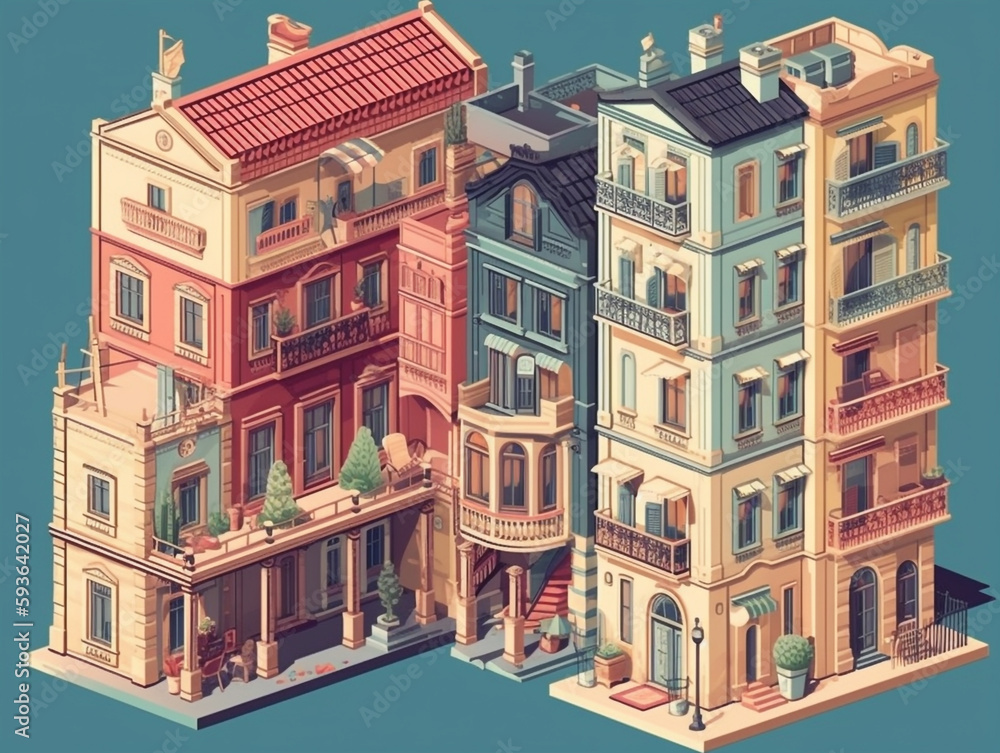 Set of isometric facades of multi-story houses. The design of an old-style house with a balcony that maintains a retro style. Cartoon style with pastel color background.