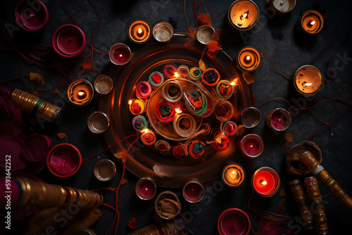 Diwali festival - colorful illustration. Conceptual design with candles and sand for diwali indian holiday. Generative AI