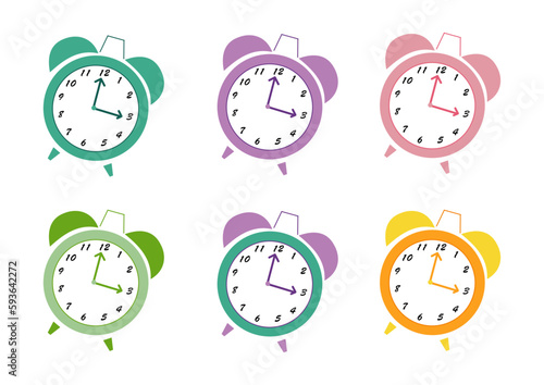 Despertador Pasteles. Objeto. Vector despertador. Reloj pasteles. Varios colores. Rosa, violeta, verde, naranja.