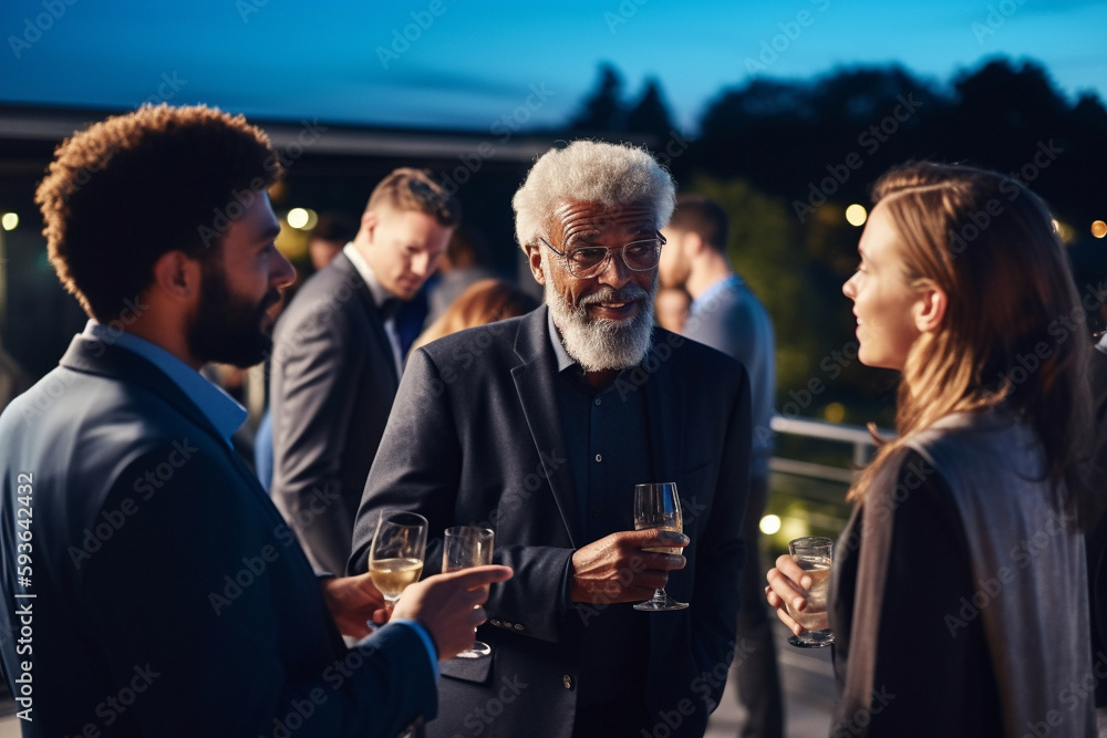 Diverse business people of different ages and races, having a business cocktail on a terrace in the evening. Generative AI