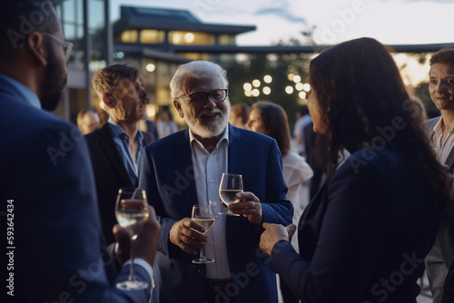 Diverse business people of different ages and races, having a business cocktail on a terrace in the evening. Generative AI