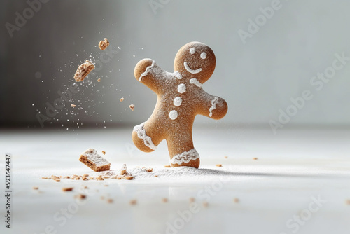Freshly baked gingerbread man dancing happily. Christmas and winter holidays illustration. Generative AI