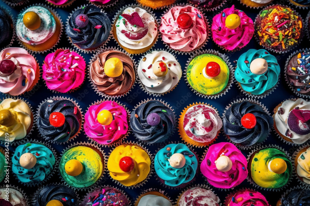 Different types of freshly baked colorful cupcakes. Conceptual illustration. Generative AI