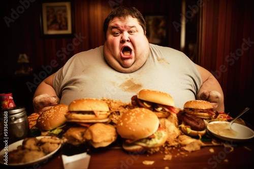 Fotografie, Obraz Exaggerated presentation of a greedy fat man eating fast food or junk meal  in a fast food restaurant / diner