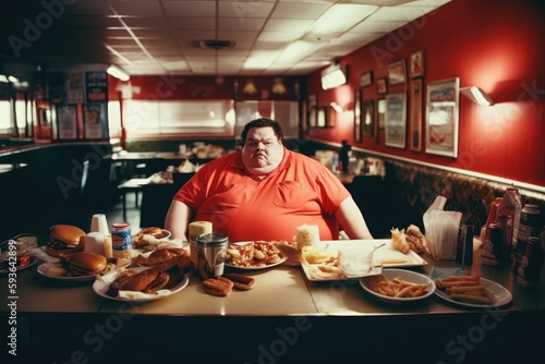 Exaggerated presentation of a greedy fat man eating fast food or junk meal in a fast food restaurant / diner. Obesity. Created with Generative AI 