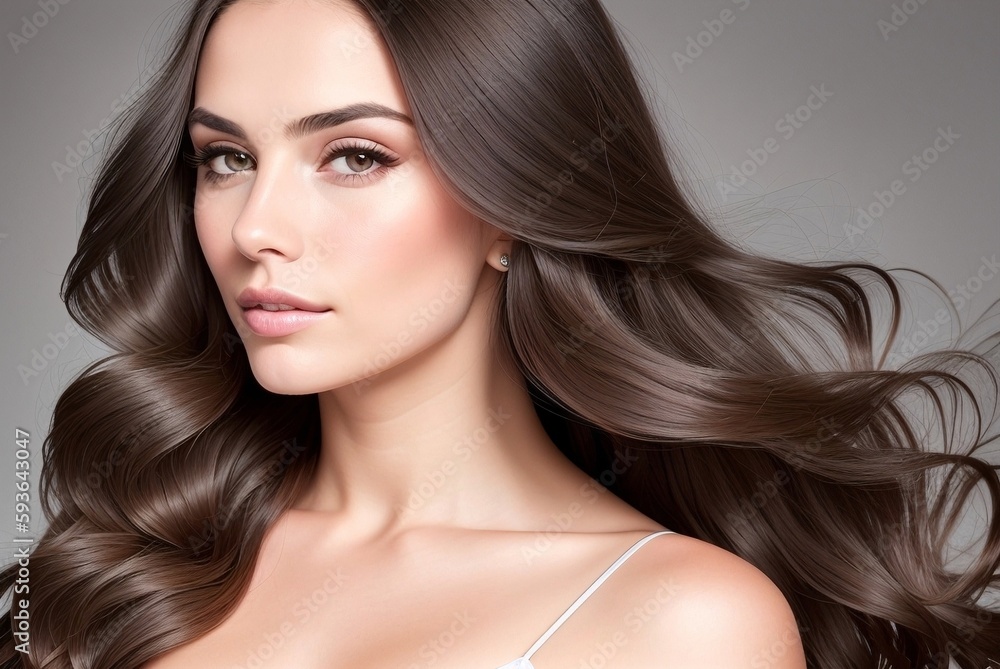 Brunette woman with shiny healthy long hair, generative ai image Brunette woman with shiny healthy long hair, generative ai image
