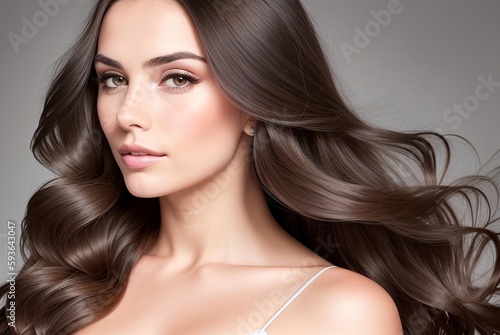 Brunette woman with shiny healthy long hair, generative ai image