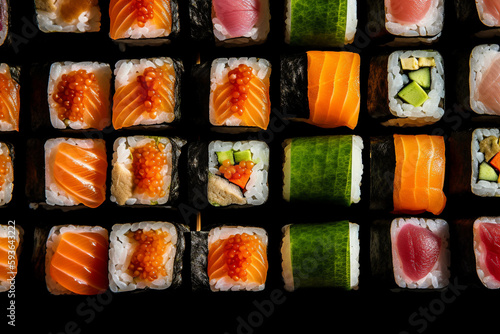 Different types of sushi arranged on a table. Conceptual illustration. Generative AI