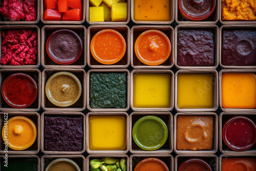 Different types of condiments or spices arranged in boxes. Conceptual illustration. Generative AI