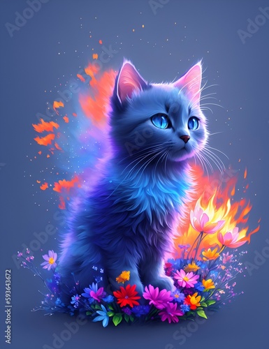 Tiny Cat  Fire  and Flowers in a Quirky Fantasy Scene