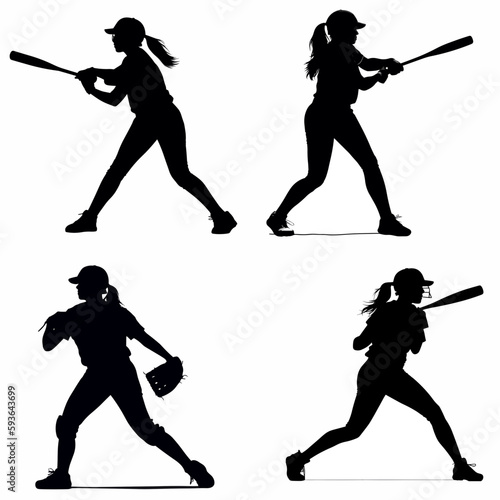 A vector silhouette illustration of a Women Softball player in action, white background
