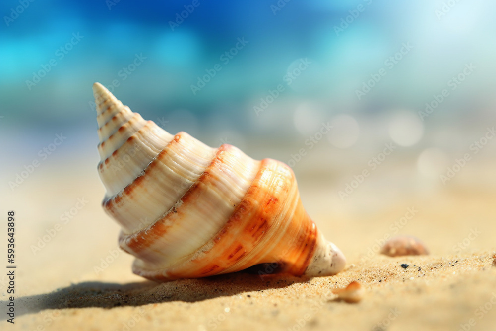 Beautiful seashell on a beach near the ocean in a clear summer day. Illustration. Generative AI Beautiful seashell on a beach near the ocean in a clear summer day. Illustration. Generative AI