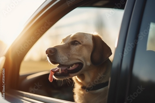 Happy dog sticking head out of the car window while on a trip. Generative AI