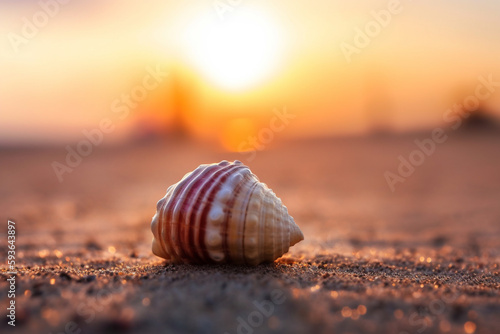 Beautiful seashell on a beach near the ocean in a clear summer day. Illustration. Generative AI