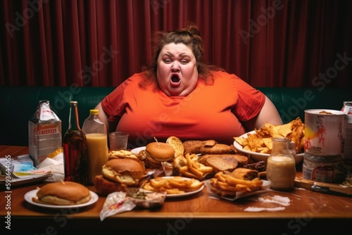 Exaggerated presentation of a greedy fat woman / girl eating fast food or junk meal in a fast food restaurant / diner. Obesity. Created with Generative AI 