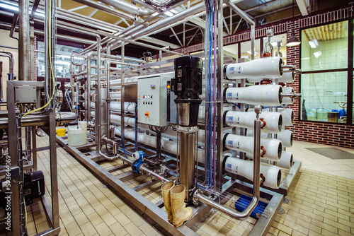 Modern multistage water filtration machine in brewery production