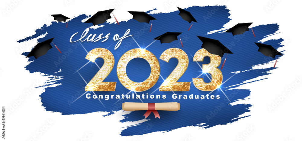 graduation 2023 Vector text for class of 2023 gold design, congratulation event, T-shirt, party, high school or college graduate. Lettering for greeting, invitation card  - obrazy, fototapety, plakaty 