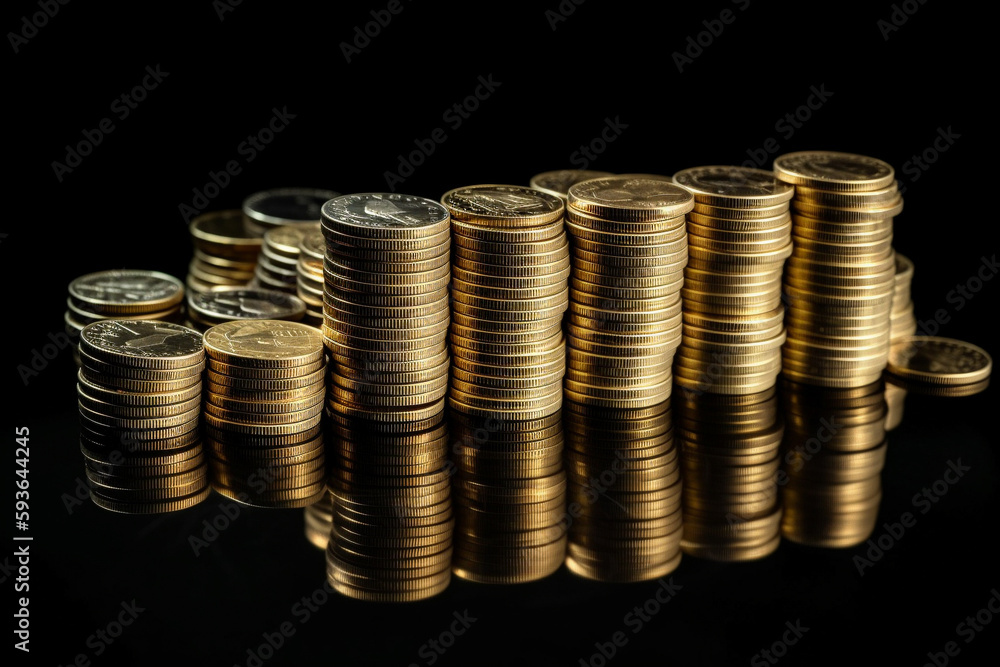 A pile of golden money sitting on a reflective glass surface. Generative AI A pile of golden money sitting on a reflective glass surface. Generative AI
