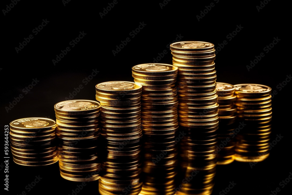 A pile of golden money sitting on a reflective glass surface. Generative AI A pile of golden money sitting on a reflective glass surface. Generative AI