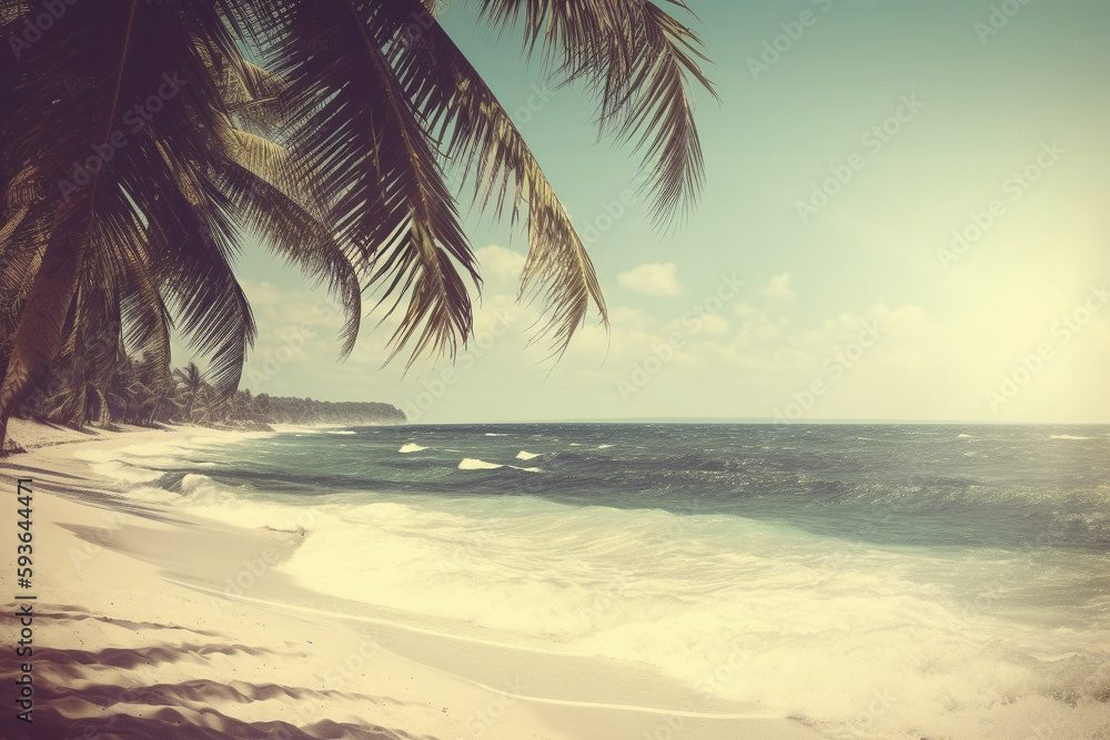 Conceptual illustration - summer background with a palm tree and a beautiful beach. Generative AI