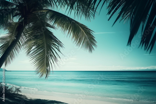 Conceptual illustration - summer background with a palm tree and a beautiful beach. Generative AI © Mihai Zaharia