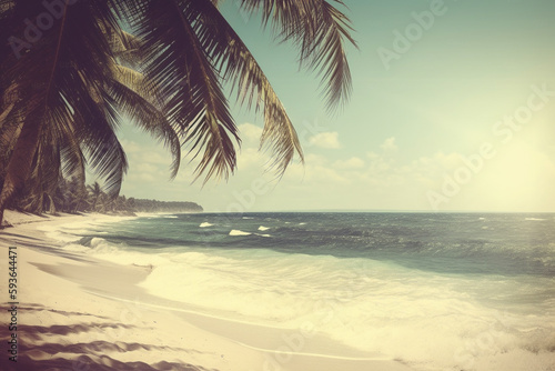 Conceptual illustration - summer background with a palm tree and a beautiful beach. Generative AI