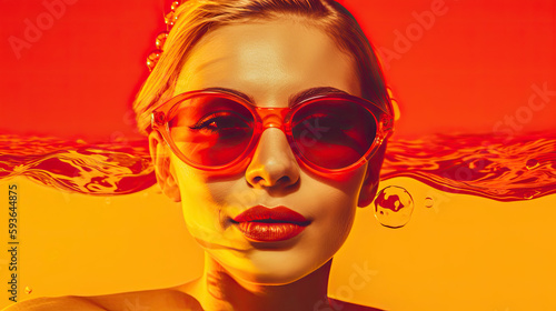 Red and yellow woman in a pool, Generative AI