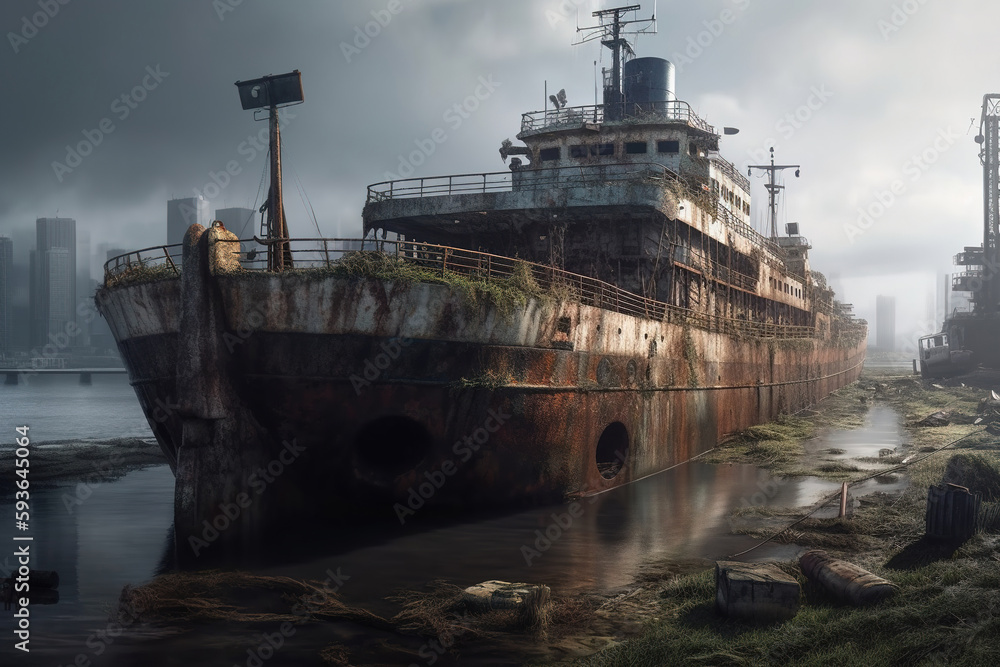 Abandoned ship after post-apocalyptic. Generative ai