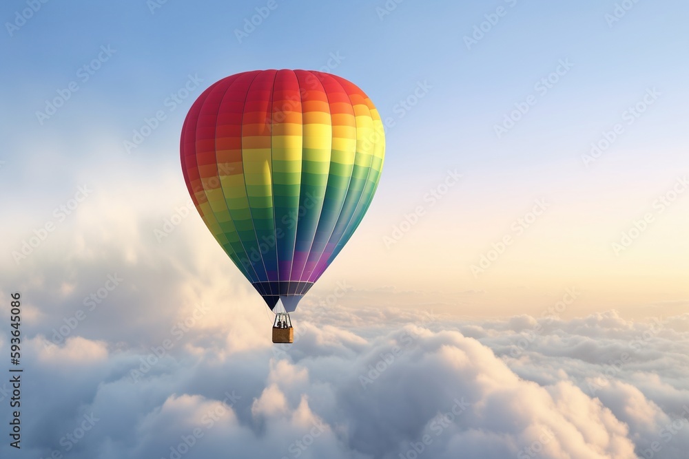 Fototapeta premium Colorful rainbow hot Balloon against clouds and sky. Generative ai